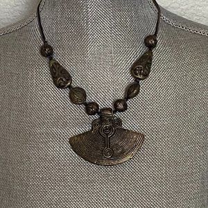 Vintage Jewelry Artisan Tribal Style Beaded Bronze Tone Pendant Necklace